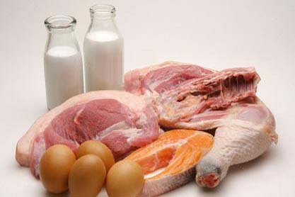 Close-up of a stack of healthy food, meat, eggs and two bottles of milk